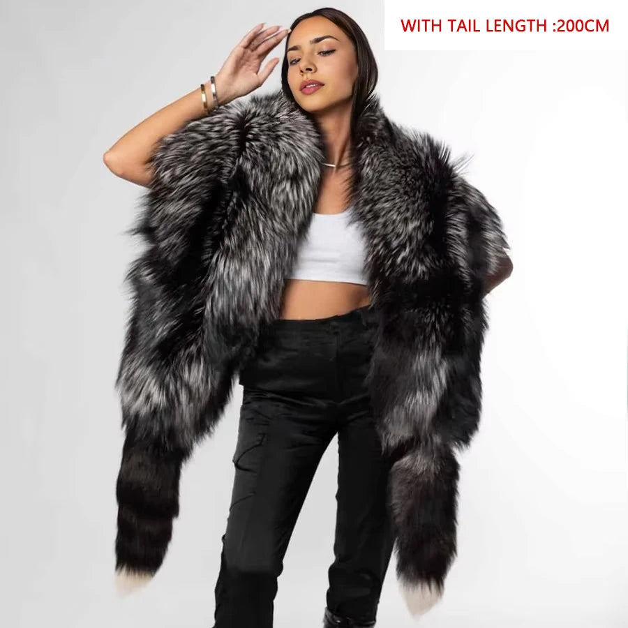 Real Silver Fox Fur Coat For Women Real Long Fox Fur Cape With Tails Real Fox Fur Shawl Best Selling Natural Fur Jacket