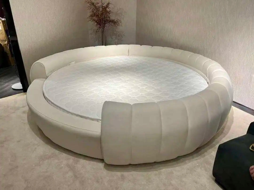 Italian Modern Luxury Puff Cream Lit Rond Round Rotating Circle Bed king Size Mattress Ins Luxury Soft Senna Round Bed Frame