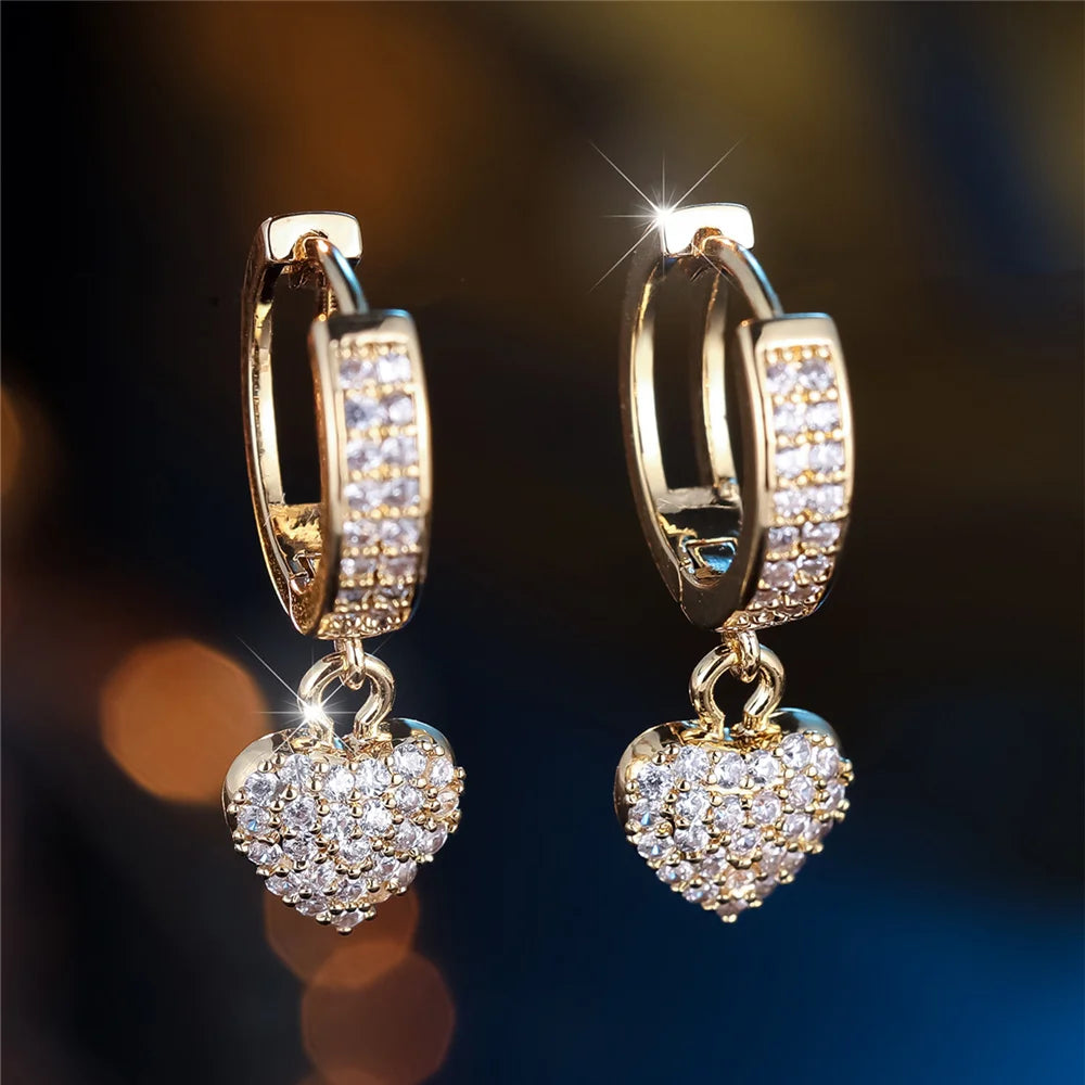 Trendy Crystal White Zircon Stone Love Heart Hoop Earrings For Women Vintage Gold Color Wedding Jewelry