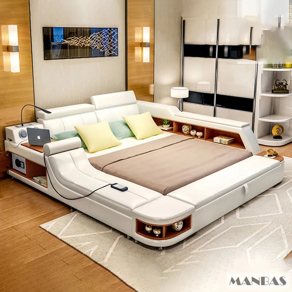 MINGDIBAO Modern Multifunctional Tech Smart Bed with Storage, USB, Speakers – King Genuine Leather Bed - Ultimate Massage Bed