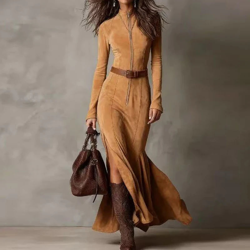 Stand Collar Zipper Patchwork Maxi Dress, Spring Autumn Women Long Sleeve Chic Party Dress, Elegant Simple Ladies Dress Vestidos