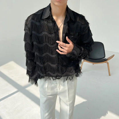 2025 Summer Men Black White Streetwear Hip Hop Shirt Men Tassels Party Night Club Men Shirts Male Long Sleeves Hollow Out Blouse - Kimlud