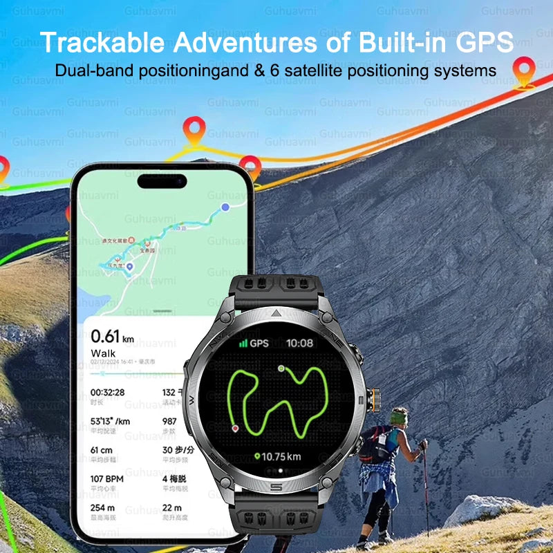 1.75''AMOLED Screen Smart Watch Men 10ATM Waterproof Compass GPS Smartwatch Bluetooth Call 1000mAh Large Battery Sports Bracelet