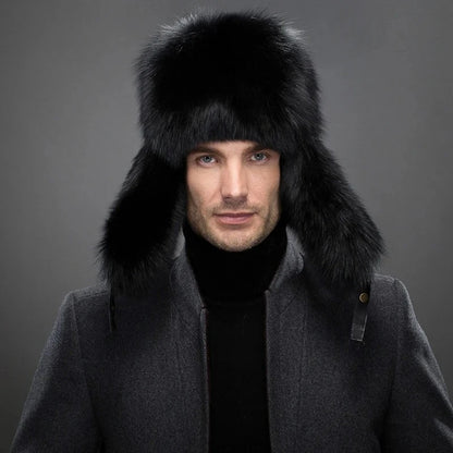 New Winter Men's 100% Real Silver Fox Fur Bomber Hat Raccoon Fur Ushanka Cap Trapper Russian Man Ski Hats Caps Real Leather Top