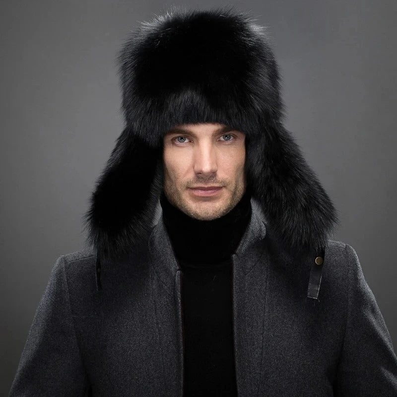 New Winter Men's 100% Real Silver Fox Fur Bomber Hat Raccoon Fur Ushanka Cap Trapper Russian Man Ski Hats Caps Real Leather Top
