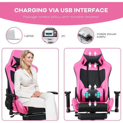 Gaming Chair - Pink Gamer Chair with Footrest Racing Esports Computer Chair Massage Lumbar Support Leather Recliner, Customized