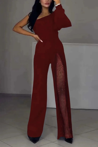 Autumn And Winter Fashion Sexy Slanted Shoulder High Slit Jumpsuit Elegant Women's Solid Color Single Shoulder Sleeve Jumpsuit