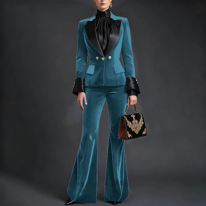 Luxury Velvet Women's Burgundy Suits Three Buttons 2-Piece Set Vintage Satin Peaked Lapel Blazer Flared Pants Evening Outfit