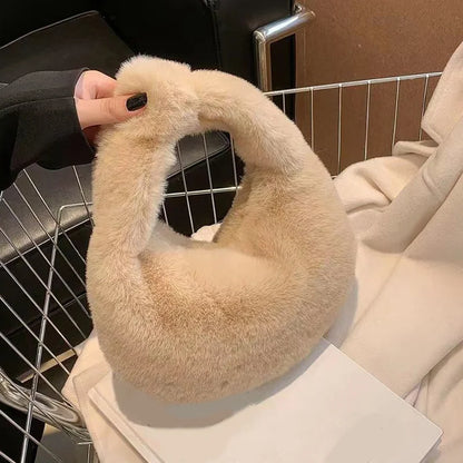 Solid Color Plush Dumpling Bag Simple Style Niche Design Faux Fur Handbag Tote Small Women's Underarm Hobo Bag