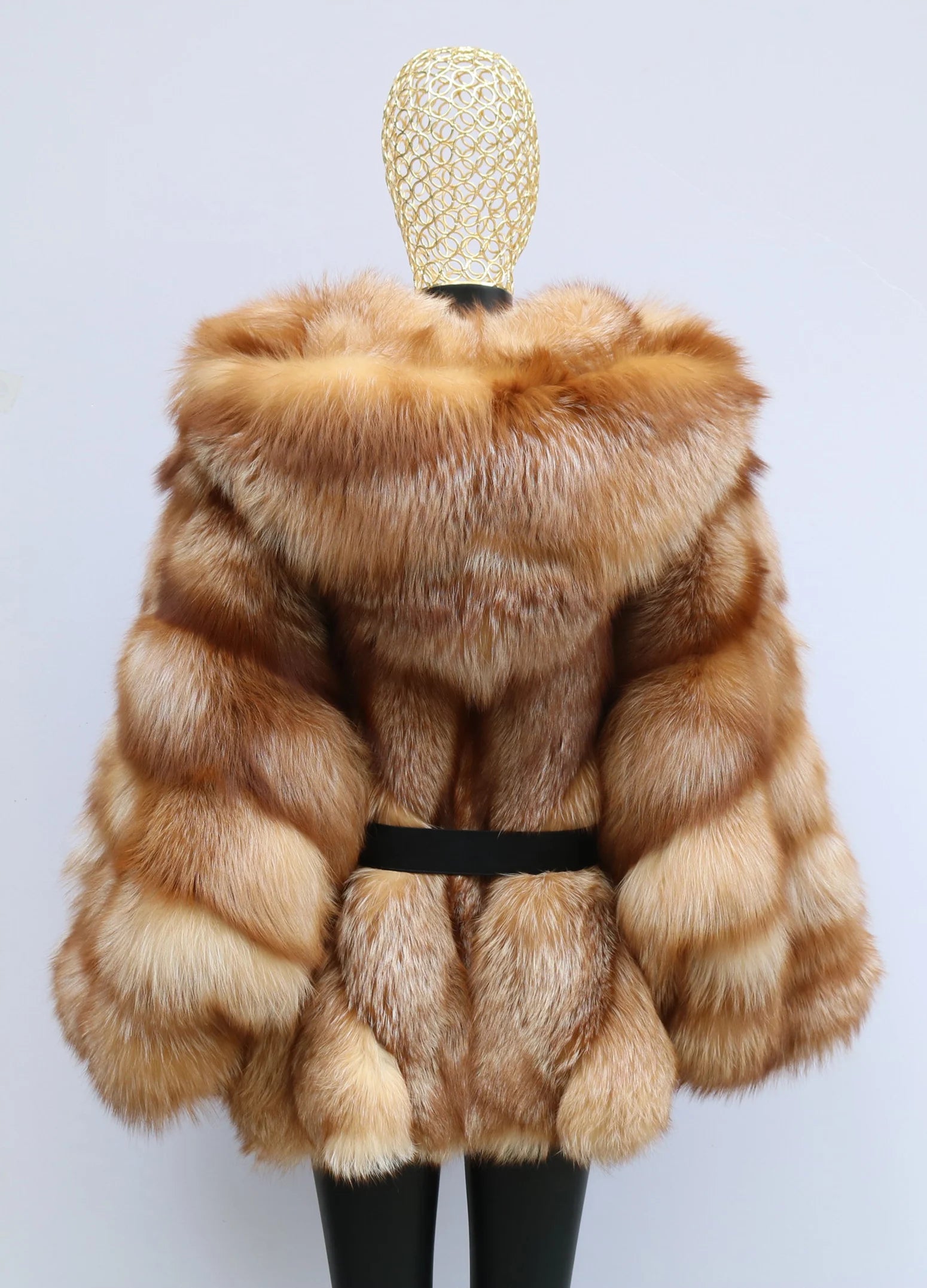 Hot Sale GoldRed Women's Hooded Fox Fur Coat with Batwing Sleeves Double-Sided Natural Fur Jacket Ladies Outerwear