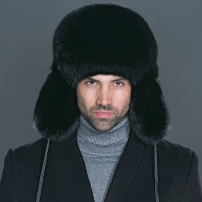 Winter Men Hats Brown Fox Fur High-end Elegant Warm Soft Not Wool Outdoor Hiking Caps Windproof Thick Europe Earflap Hat