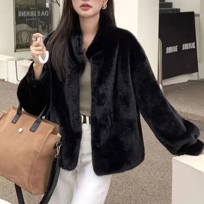 Luxury Mink Fur Loose Stand Collar Fur Coat Women Fashion Winter Outdoor Casual Office Lady All-match Cardigans Woolen Jackets
