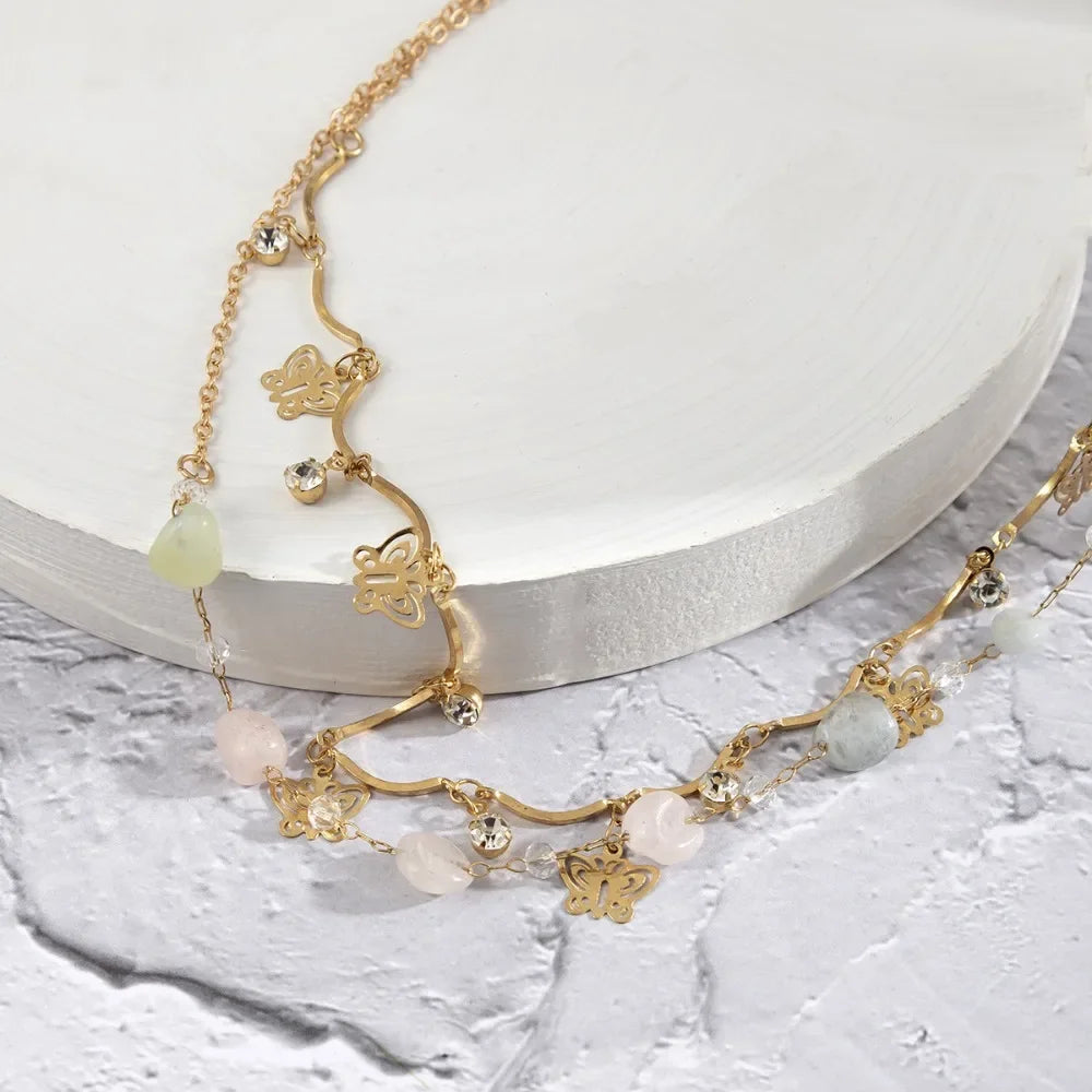 Sexy Double Layer Colorful Stone Chain for Women Crystal Butterfly Waist Bead Belly Chain Belly Belt Summer Beach Body Jewelry - Kimlud