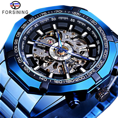 Forsining 2021 Stainless Steel Waterproof Mens Skeleton Watches Top Brand Luxury Transparent Mechanical Sport Male Wrist Watches - Kimlud