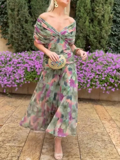 2025 New Fashion Printed Ruffle Dress Your Summer Casual Loose Bohemian Vacation V-neck Short-sleeved Long Dresses For...