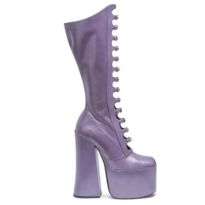 Women's Autumn Thick Bottom Hollow Knee High Boots Side Zipper Square Heel Pole Dance Female Sexy Shoes Super High Heel Platform - Kimlud