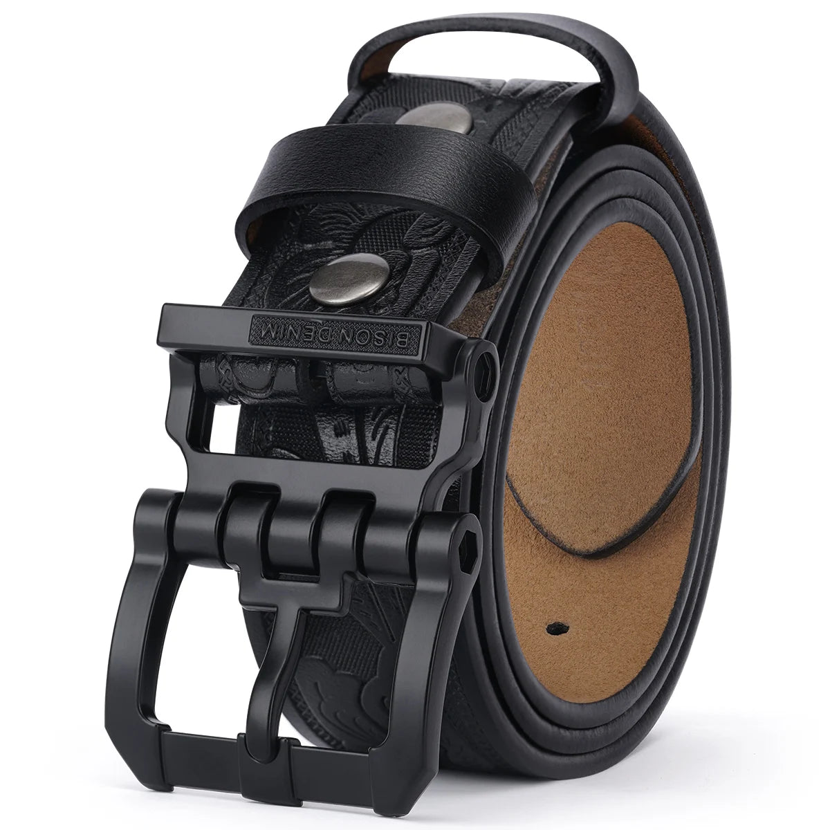 BISON DENIM Cowhide Retro Printed Men Belt Genuine Split Leather Alloy Pin Buckle Belt Casual Western Cowboy Style Belt For Men