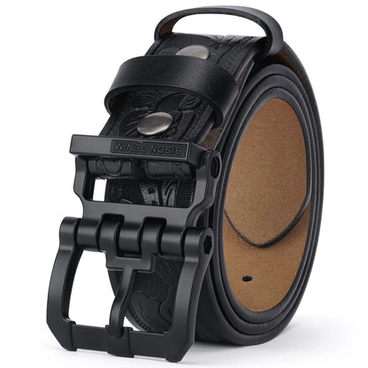 BISON DENIM Cowhide Retro Printed Men Belt Genuine Split Leather Alloy Pin Buckle Belt Casual Western Cowboy Style Belt For Men