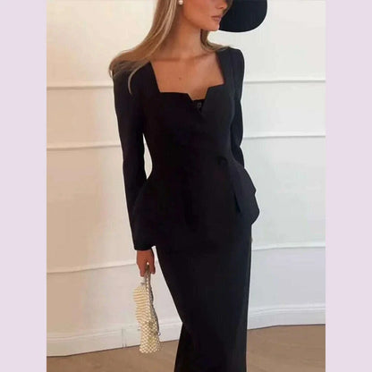 Elegant BlazerCoat Skirt Set Women Double Breasted Square Collar Slim Jacket And Midi Skirts Suits 2 Pieces Office Chic Outfits