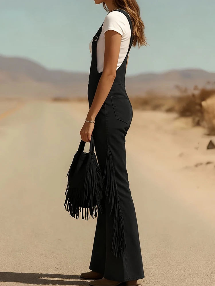 V Neck Tassel Button Patchwork Jumpsuits, Women Holiday Casual Wide Leg Pants Playsuits, 2026 Sleeveless Autumn Winter Overalls