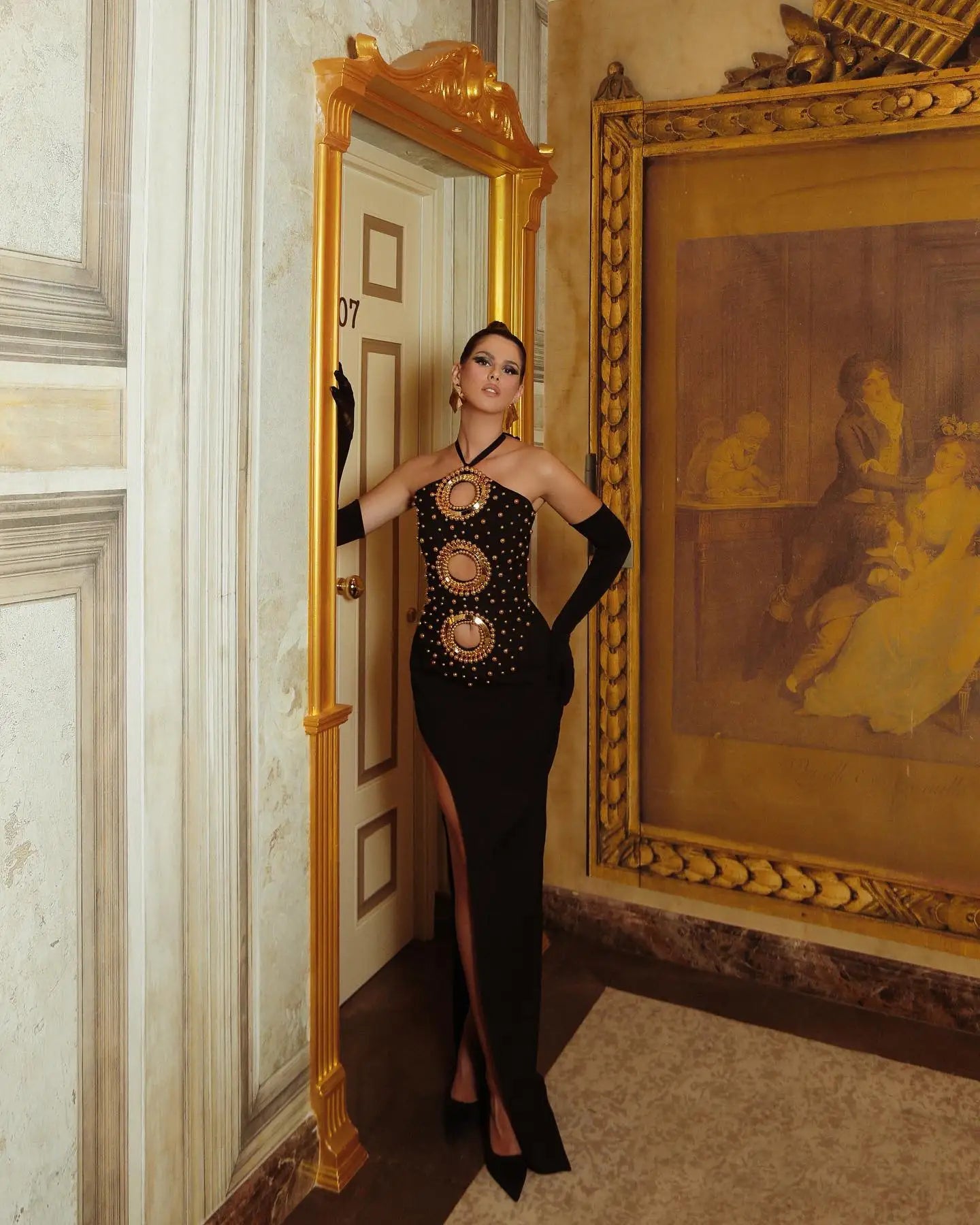 Black Color Women Sexy Halter Off the Shoulder Golden Beading Bodycon Bandage Long Dress Evening Party Celebrate Outfit