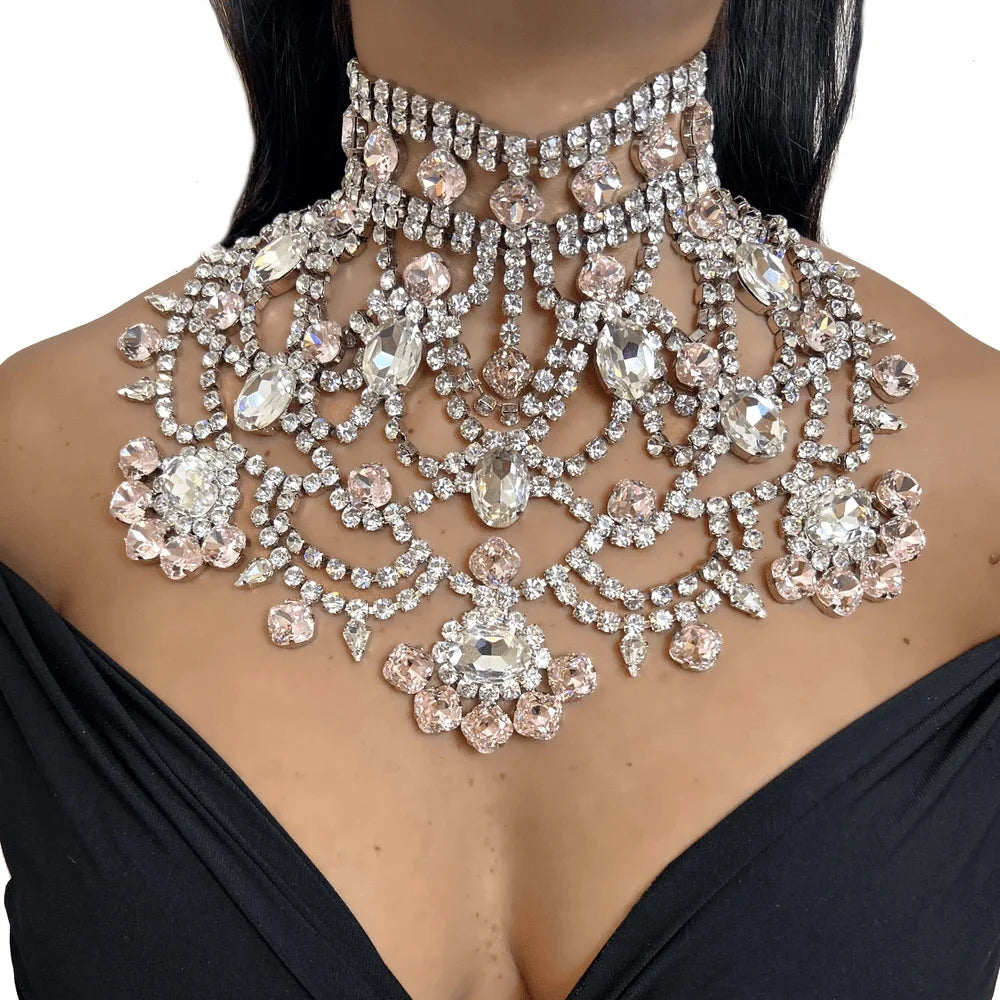 Pink Exaggerated Choker Necklace for Women Wedding Jewelry Gifts Charming Oversize Rhinestone Chunky Choker Chain Drag Queen