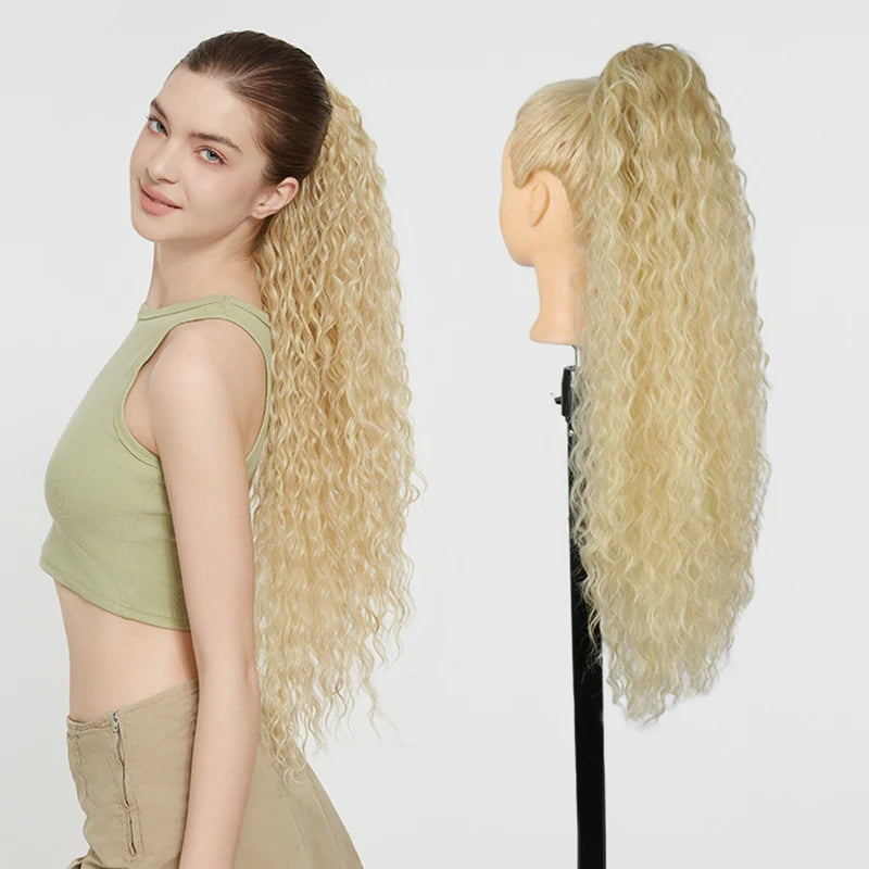 Julianna Synthetic Kanekalon Black Drawstring Water Wave Ponytail Extension Female Curly Wavy Clip In Ponytail Hair Extension