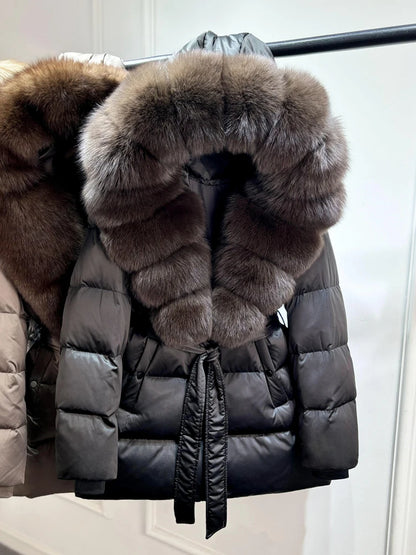 2025 New Natural Thick Warm 90% White Goose Down Coat Long Winter Jacket Women Real Big Fox Fur Collar Belt Loose Puffer Parka
