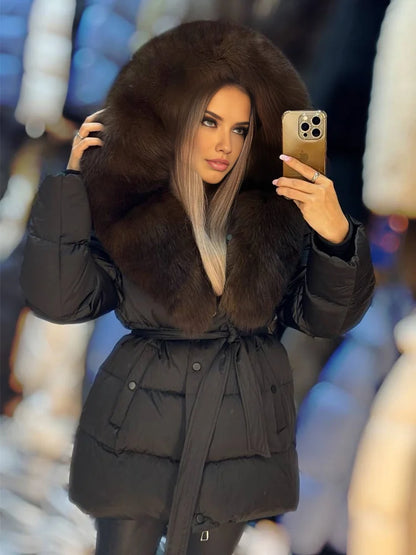 2025 New Natural Thick Warm 90% White Goose Down Coat Long Winter Jacket Women Real Big Fox Fur Collar Belt Loose Puffer Parka