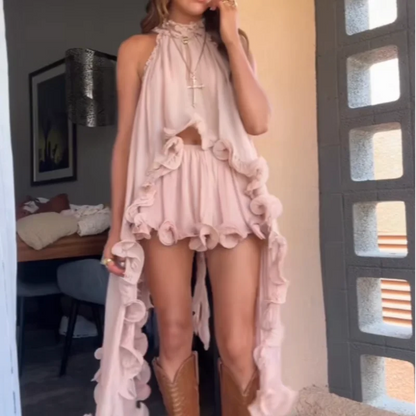 Sexy Ruffles Hem Top Skirt Sets Two Pieces Vintage Sweet Sleeveless Lace Up Crop Tops Low Waist Skirt Summer Lady Clothes Sets