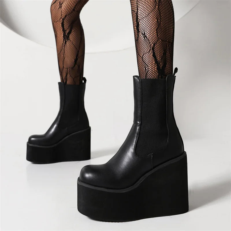 Platform Ankle Boots For Women Shoes Black White Wedges High Heels Gothic Boot Casual Autumn Winter Shoes Female Waterproof