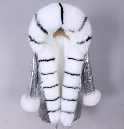 MAOMAOKONG 2024 Winter Women Coat Natural Fox Fur Collar Cuff Black Jackets Outwear Thick Luxury Real Fur Parka Women's Fur Coat