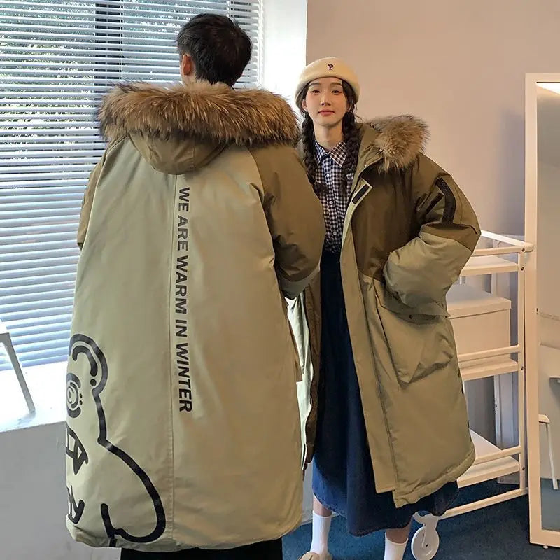 Men's Parkas Hooded Down Jacket Couple Mid-length Over-the-knee Loose Animal Fur Collar Jackets Zipper Pockets Thick Tops Coat
