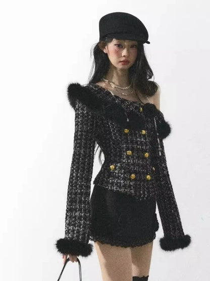 New Winter Elegant Fashion 2 Piece Set Women Off Shoulder Long Sleeve Cardigan Coat +Mini Skirt French Casual Chic Retro Outfits