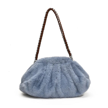 Pleated Design Faux Fur Shoulder Bags For Women 2026 Luxury Designer Purses And Handbags Winter Warm Soft Plush Hobo Bags