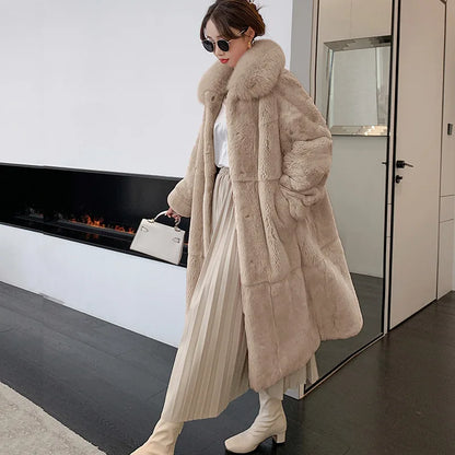 5XL Oversized Autumn Winter Faux Fur Coat Women Loose Long Plush Jackets Thick Warm OverCoat Female  Large Fur Collar Parka 2023