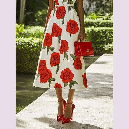 Modigirl 2025 New Woman Flower Print Midi Dresses Summer Skinny Stand Collar Elegant Vintage Romantic Evening Dress for Women