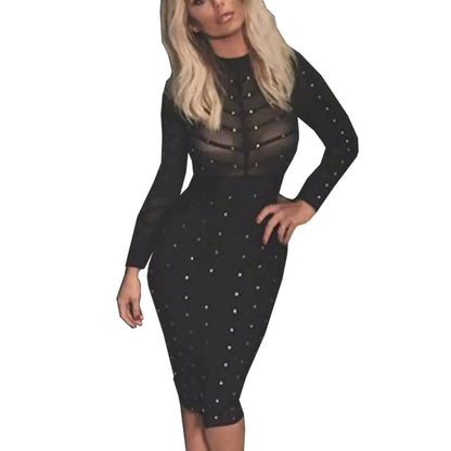 HQBORY 2023 Sexy Women Black Perspective Mesh Bandage Dress See Through Bodycon Luxury Vestidos Nail Beaded Evening Party Dress