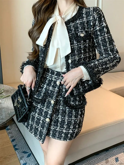 2025 Autumn Winter New Chic Two-Piece Skirt Women's Fashion Loose Burrs Elegant Sweet Tweed Jacket+Skirt Female Two-Piece Suit