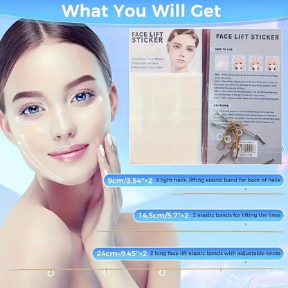 Invisible Face Lift Tape and Band Set, 18 Pcs Hypoallergenic Clear Lifting Patches with 4 Adjustable Elastic Straps