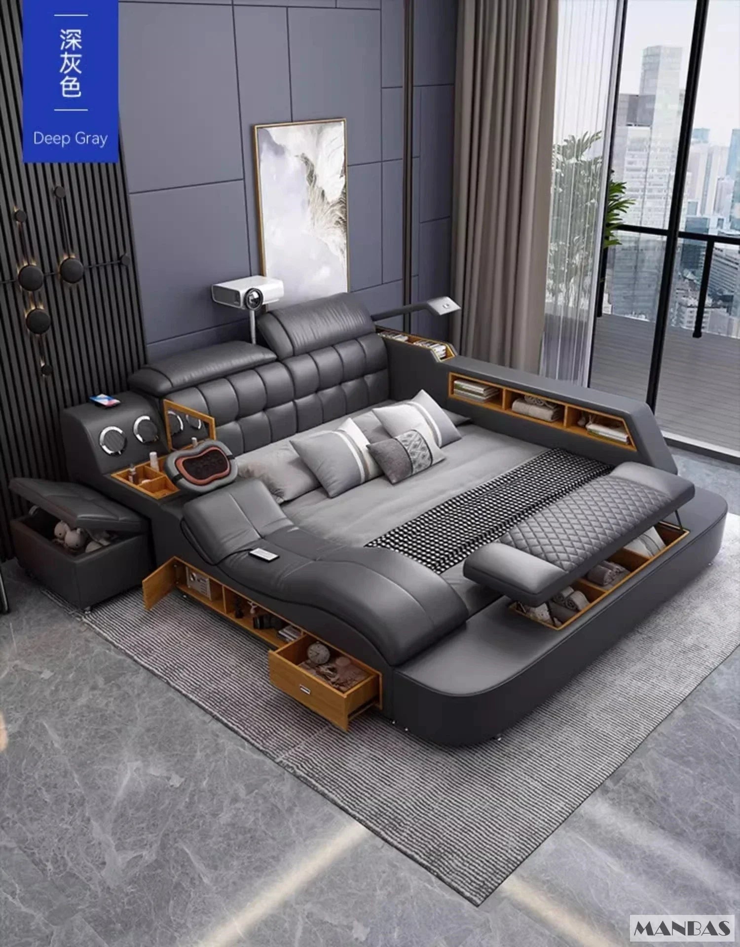 Linlamlim Luxury King Size Genuine Leather Bed / Tech Smart Bed / Multifunctional Ultimate Beds / Massage Bed with...