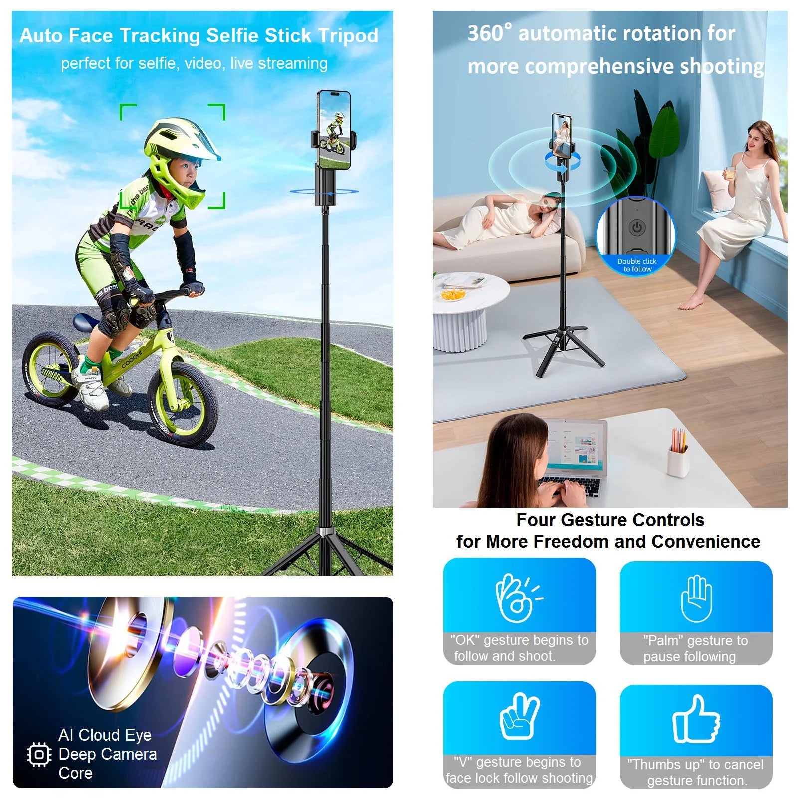 Auto Face Tracking Tripod 360° Rotation for iPhone Android, 59'' Auto Tracking Phone Holder Tripod Selfie Stick for Video Vlogs