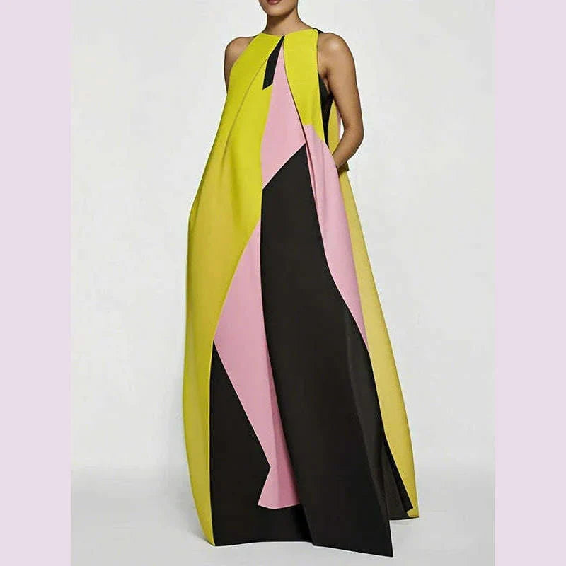 Yeezzi 2025 New Summer Vacation A-line Dress For Women Fashion Color-Block Pleated O-Neck Casual Weekend Going Out Maxi Dresses