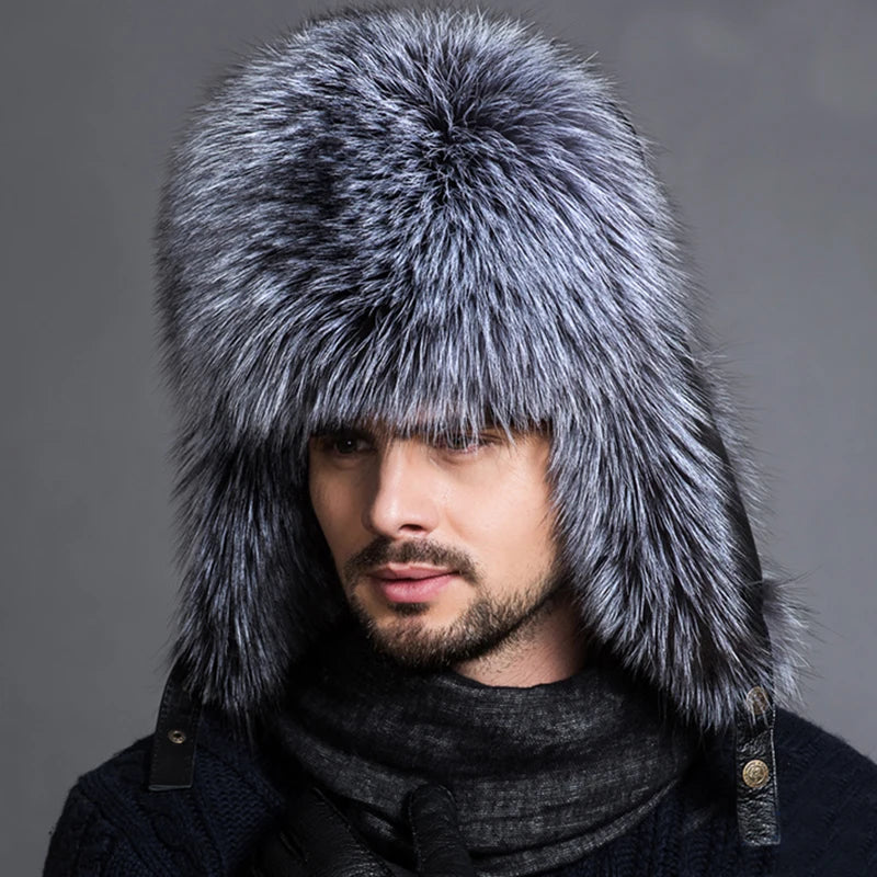 New Winter Men's 100% Real Silver Fox Fur Bomber Hat Raccoon Fur Ushanka Cap Trapper Russian Man Ski Hats Caps Real Leather Top