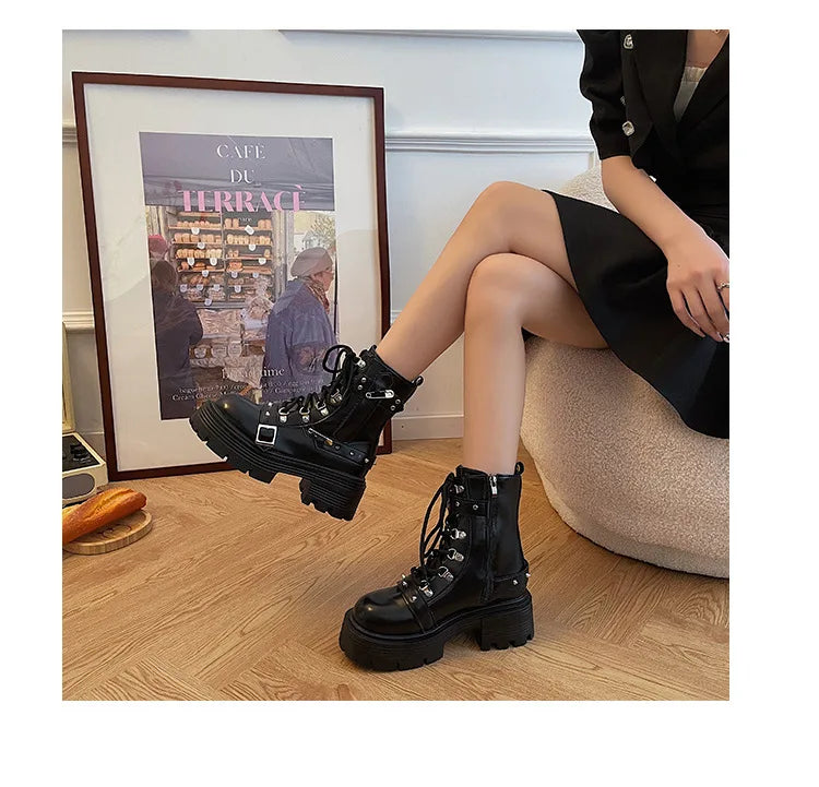 2024 NEW Punk Style Women Boots Lace-up heel height Platform Shoes Woman Gothic Ankle Rock Boots Metal Decor Woman Sneakers