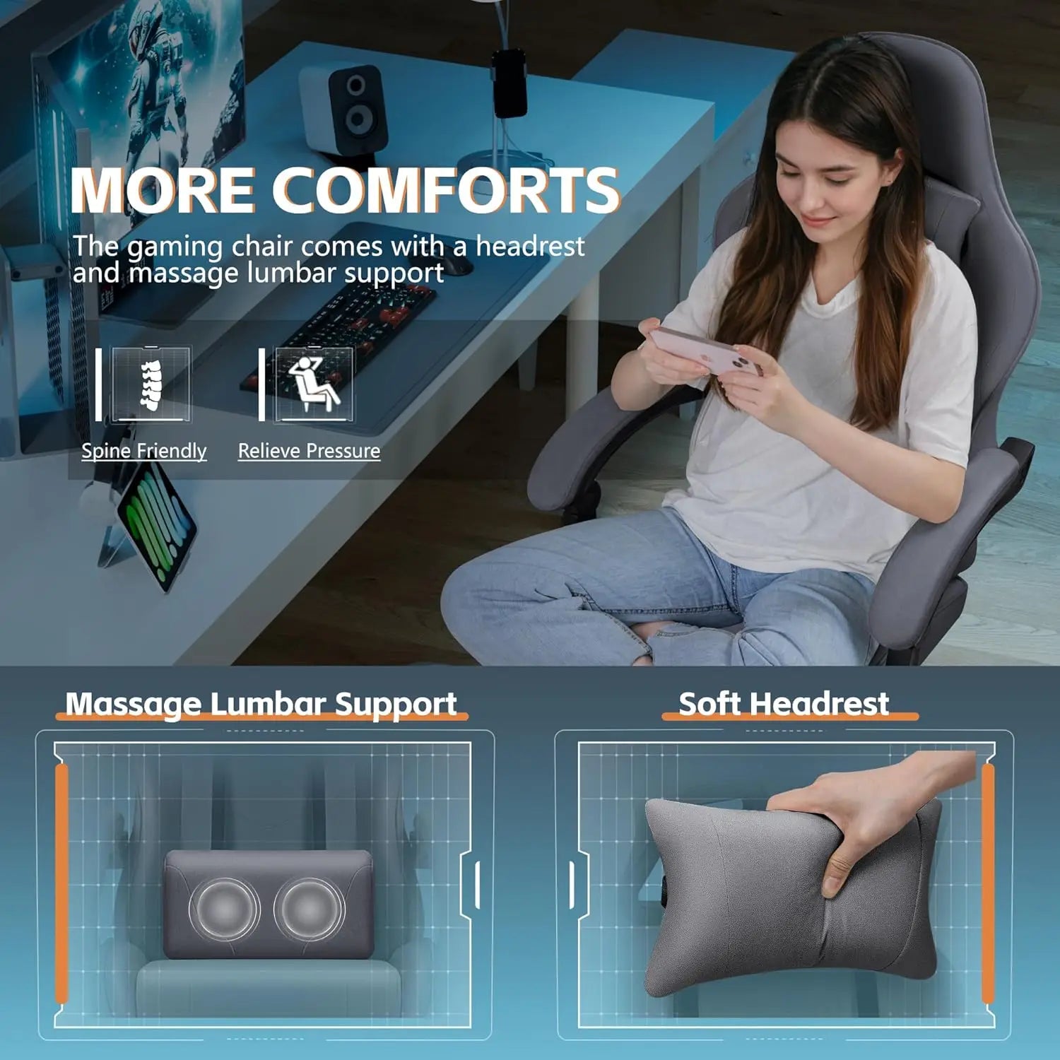 Gaming Chair Fabric with Massage Lumbar Support, Ergonomic Racing Video Game Chair with Adjustable Footrest and, Customized