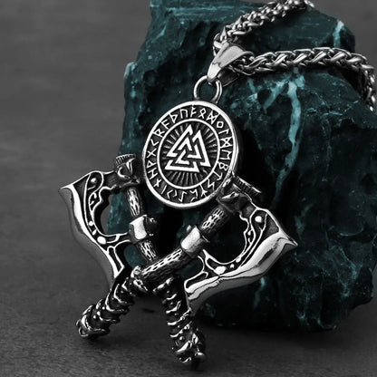 Men's Stainless Steel Exquisite Double Axe Pendant Necklace Nordic Rune Amulet Gift High Quality Popular Jewelry Wholesale