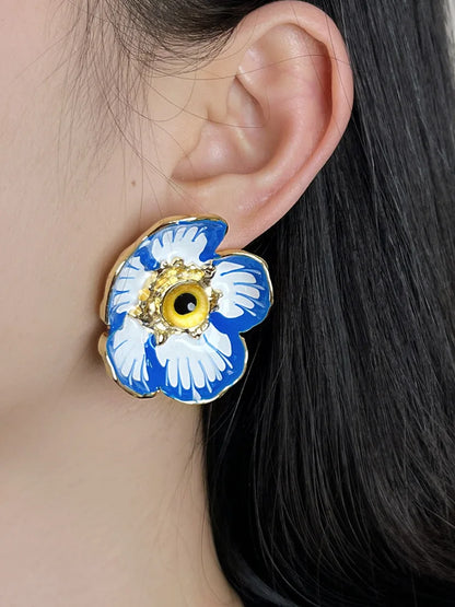 HUANZHI Enamel Pink Flower Stud Earring Irregular Petal Vintage Drip Oil Elegant Sweet Jewerly Gift for Women Girls