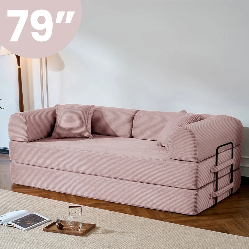 79’’ Folding Convertible Sofa Bed Corduroy Upholstered Boneless Couch, Loveseat Sleeper Floor Sofa for Living Room Bedroom - Kimlud