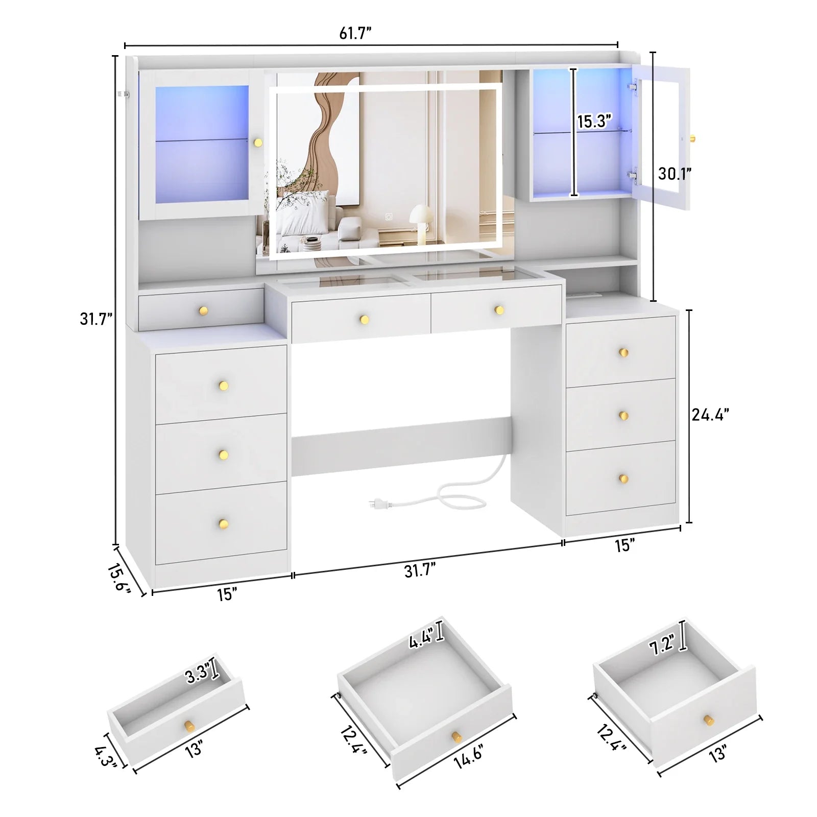 61.7" Large Vanity Desk with Mirror and Lights, Makeup Vanity with Charging Station, Sliding Drawers, 2 Cabinets with Glass Door